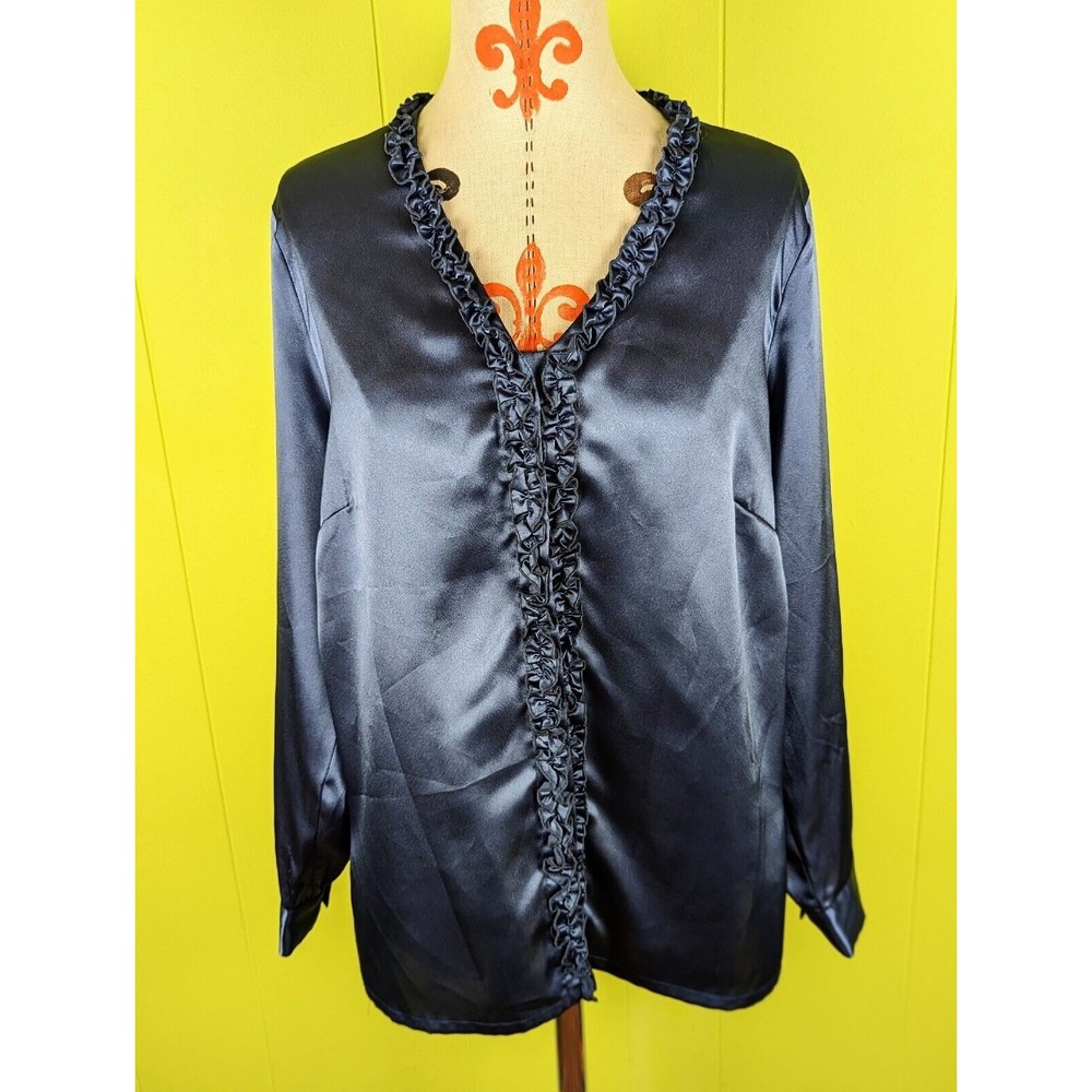 VTG Anne Weyburn Women's 14 Long Sleeve Blue Satin Blouse Shirt Ruffle Hong Kong